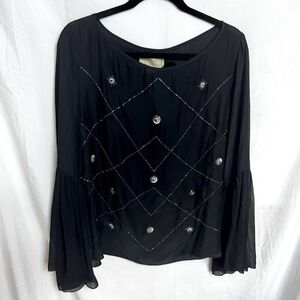 NWT Nicole Miller Artelier 100% Silk Beaded Bell Sleeve Top BQ10190 006082 Large